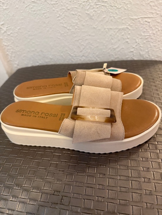 Simona Rossi Shoes - Leather Neutral Suede Platform Slide Mules